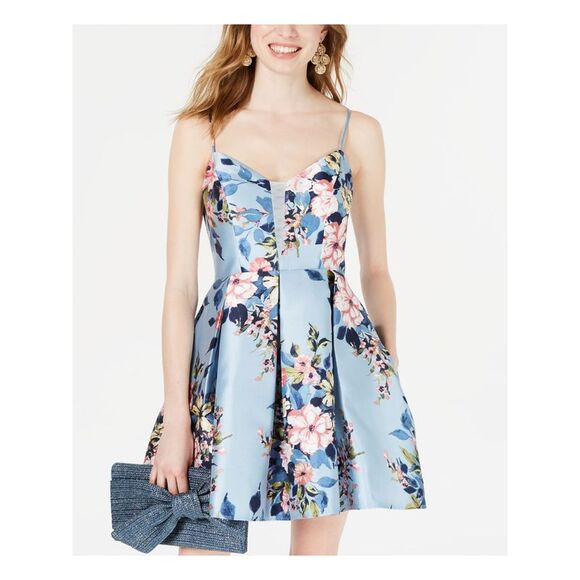 TEEZE ME Womens Spaghetti Strap V Neck Short Cocktail Fit + Flare Dress - Picture 1 of 4